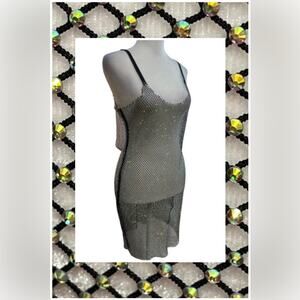 TIC TOC🕷️🎃Rhinestones sheer black stretch netting slip dress/or cover up SZ S